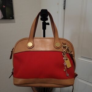 Dooney & Bourke Red and Tan Satchel with Gold Accents